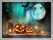 Halloween, Dynie, Świece, Nietoperze, Księżyc, Lampion