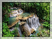 Wodospad Erawan, Kaskada, Drzewa, Park Narodowy Erawan, Prowincja Kanchanaburi, Tajlandia