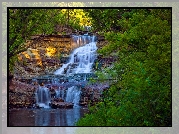 Stany Zjednoczone, Stan Kansas, Wodospad Prather Creek Falls, Las, Skały, Drzewa