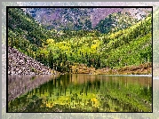 Jezioro Maroon Lake, Zbocza, Góry, Drzewa, Aspen, Kolorado, Stany Zjednoczone