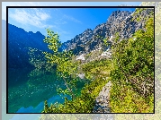 Polska, Tatry, Jezioro Morskie Oko, Góry, Mięguszowickie Szczyty, Dróżka, Drzewa