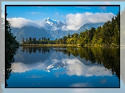 Nowa Zelandia, Góry, Jezioro Lake Matheson, Drzewa, Odbicie, Park Narodowy Góry Cooka