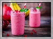 Napój, Smoothie, Słoik, Słomka, Granat, Banany, Deski