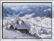 Góry, Domy, Drzewa, Zima, Pejzaż, Malarstwo, Obraz, Karl Hauptmann