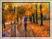 Jesień, Liście, Deszcz, Drzewa, Kobieta, Parasol