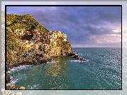 Wybrzeże, Cinque Terre, Manarola, Morze Liguryjskie, Skały, Domy, Gmina Riomaggiore, Liguria, Włochy