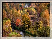 Las, Jesień, Drzewa, Rzeka, Cerkiew