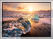 Islandia, Jezioro Jokulsarlon, Bryły, Lód, Zachód słońca