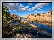 Stany Zjednoczone, Stan Arizona, Formacje skalne Granit Dells, Jezioro Willow Lake, Góry, Skały, Rzeka, Rośliny