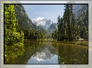 Austria, Góry Dachstein, Jezioro Gosauseen, Drzewa, Las, Niebo, Chmury, Mgła