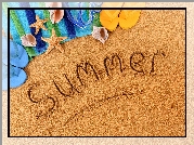 Napis, Summer, Lato, Plaża, Rozgwiazdy, Muszelki, Japonki
