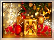 Świąteczne, Boże Narodzenie, Noworoczne, Życzenia, Choinka, Bombki, Prezenty, 2D, Kompozycja