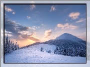 Ukraina, Karpaty, Góry Gorany, Zima, Las, Drzewa, Wschód słońca, Chmury