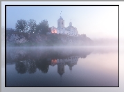 Cerkiew, Rzeka, Drzewa, Mgła, Odbicie