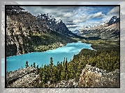 Kanada, Park Narodowy Banff, Góry Canadian Rockies, Jezioro Peyto Lake, Las, Chmury, Skały