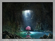Jaskinia, Woda, Światło, Kwitnące, Drzewo, Grafika