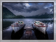 Łódki, Pomost, Jezioro Lake Haruna, Niebo, Zmierzch, Ciemne, Chmury, Takasaki, Prefektura Gunma, Japonia