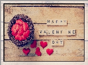 Walentynki, Serduszka, Czerwone, Napis, Happy Valentine Day, Deski