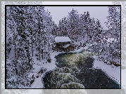 Zima, Młyn Myllykoski, Rzeka, Drzewa, Park Narodowy Oulanka, Gmina Kuusamo, Laponia, Finlandia