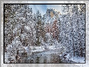 Stany Zjednoczone, Stan Kalifornia, Park Narodowy Yosemite, Zima, Rzeka Merced River, Góry, Drzewa, Las