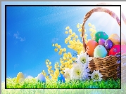 Wielkanoc, Koszyk, Kolorowe, Pisanki, Kwiaty, Promienie słońca