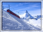 Szwajcaria, Góry Alpy Pennińskie, Szczyt Matterhorn, Pociąg elektryczny, Zima