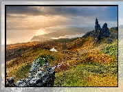 Szkocja, Wyspa Skye, Morze, Doliny, Wzgórze The Storr, Skały, Jezioro, Wschód słońca