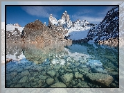 Argentyna, Patagonia, Góry Andy, Szczyt Fitz Roy, Zima, Jezioro, Kamienie