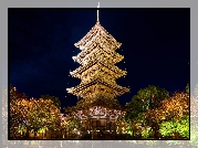Japonia, Kioto, Świątynia, Tō-ji, Pagoda, Jesień, Drzewa, Noc