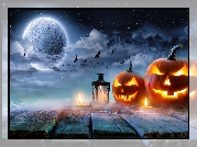 Halloween, Dynie, Lampion, Świece, Gwieździste, Niebo, Księżyc, Nietoperze
