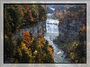 Rzeka Genesee, Wodospad, Drzewa, Park stanowy Letchworth, Stan Nowy Jork, Stany Zjednoczone, Skały, Jesień