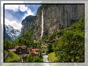 Dolina Lauterbrunnental, Góry, Wodospad Staubbach, Rzeka Lutschine, Domy, Droga, Drzewa, Kościół, Gmina Lauterbrunnen, Kanton Berno, Szwajcaria