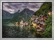 Jezioro Hallstattersee, Alpy Salzburskie, Góry, Domy, Kościół, Hallstatt, Powiat Gmunden, Austria