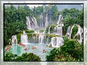 Wodospad Ban Gioc Waterfall, Łodzie, Jezioro, Rzeka, Cao Bang, Wietnam