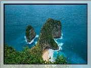 Skały, Klif, Plaża Kelingking Beach, Morze, Roślinność, Nusa Penida, Indonezja