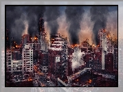 Zniszczone, Miasto, Wieżowce, Ogień, Dym, Ruiny, Klęska, Wojna
