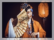 Kobieta, Azjatka, Kimono, Wachlarz, Ozdobne, Nakrycie, Głowy, Lampa