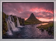 Wodospad Kirkjufellsfoss, Skała, Góra Kirkjufell, Rzeka, Wschód słońca, Islandia