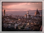Miasto, Florencja, Domy, Kopuła, Santa Maria del Fiore, Katedra Matki Boskiej Kwietnej, Dzwonnica Giotta, Zachód słońca, Włochy