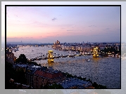 Budapeszt, Rzeka Dunaj, Most Łańcuchowy, Parlament, Zachód słońca, Węgry
