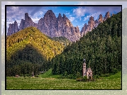 Włochy, Dolina Val di Funes, Góry, Dolomity, Masyw Odle, Kościół św. Jana, Chmury