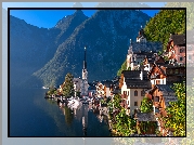 Domy, Jezioro Hallstattersee, Góry, Lasy, Drzewa, Miasteczko Hallstatt, Austria