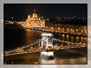 Węgry, Budapeszt, Most Łańcuchowy, Parlament, Rzeka Dunaj, Noc, Światła, Budynki