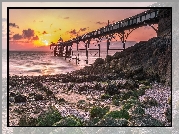 Rzeka Severn, Molo Clevedon Pier, Wschód słońca, Kamienie, Clevedon, Anglia