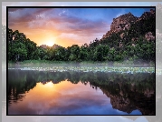 Zachód słońca, Góry, Jezioro, Zbiornik, Granite Basin Lake, Drzewa, Las, Prescott National Forest, Arizona, Stany Zjednoczone