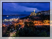 Miasto, Noc, Zatoka, Oświetlone, Ulice, Kościół Our lady of Lourdes, Mgarr, Wyspa Gozo, Malta