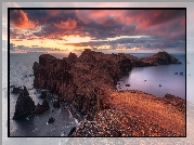 Morze, Skały, Przylądek Pertusato, Zachód słońca, Chmury, Bonifacio, Korsyka, Francja