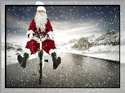 Mikołaj, Rower, Śnieg, Droga
