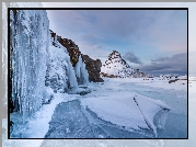 Zima, Skała, Sople, Lód, Góra Kirkjufell, Wodospad Kirkjufellsfoss, Islandia