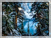Kanada, Prowincja Alberta, Park Narodowy Banff, Jezioro Moraine, Góry, Drzewa, Zima